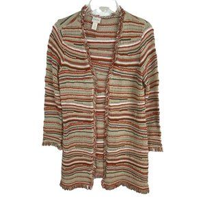 Chicos Womens Sweater Shirt Size 1=8/Medium Beige Open Front Fringe Long Sleeve